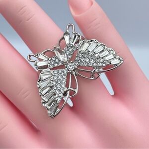 Silver Butterfly Stretch Ring – Rhinestone Baguette Wings, Adjustable Fit